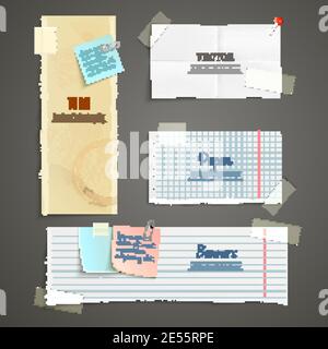 Torn paper lined plaid white yellow clear and folded vertical and horizontal banner set isolated vector illustration Stock Vector