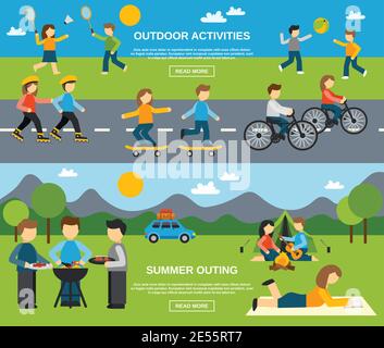 Outing horizontal banner set with outdoor activities isolated vector illustration Stock Vector