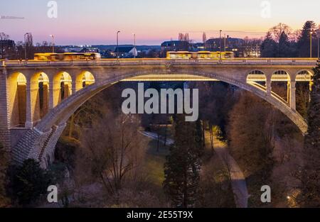 Adolphe Bridge in Luxembourg during sunset. Stock Photo