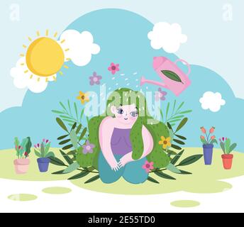 Gardening, watering can sprays water to green hair girl, plants flowers and foliage vector illustration Stock Vector