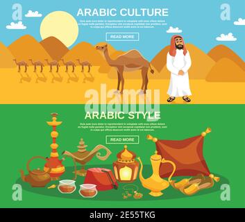 Arabic culture horizontal banner set with food drinks and camels on desert background isolated vector illustration Stock Vector