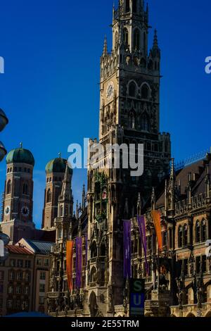 8 March 2020, Munich, Germany - Neues Rathaus (New Town Hall) at Marienplatz, Blue sky on sunny day Stock Photo