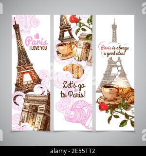 Paris vertical banners with sketch eiffel tower coffee cup and croissant isolated vector illustration Stock Vector