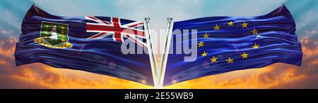 European Union Flag and British Virgin Islands flag waving with texture sky Cloud and sunset Double flag Stock Photo