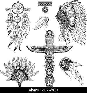Tribal doodle set with animal mask dreamcatcher and totem isolated vector illustration Stock Vector