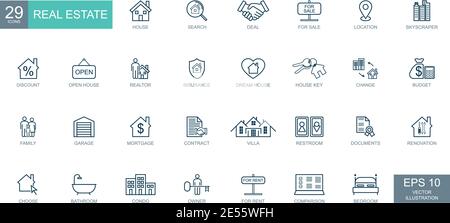 Large conceptual set of 29 pieces of icons on the topic of real estate - Vector illustration Stock Vector