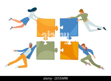 Business people connect puzzle concept vector illustration. Cartoon businessman and businesswoman team characters flying, holding puzzle jigsaw pieces in hands, teamwork connection isolated on white Stock Vector