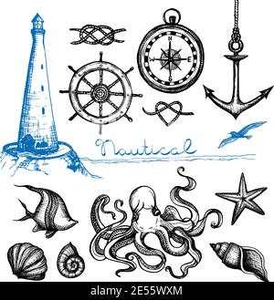 Nautical symbols and sea life hand drawn set isolated vector illustration Stock Vector