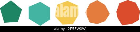 Set of imperfect / unequal polygons with 5 to 9 sides - pentagon, hexagon, heptagon, octagon, nonagon, not all sides or angles equal, icons with diffe Stock Vector