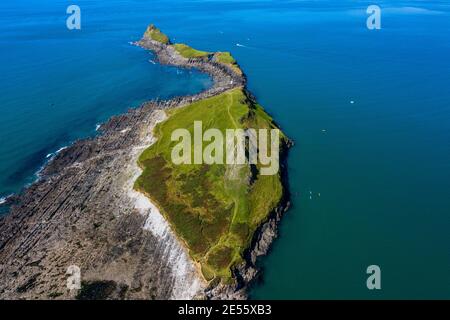 Aerial view of the Worms Head in Rhossili bay in Gower in Wales. Stock Photo