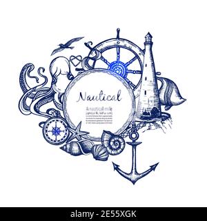 Nautical sea symbols composition doodle design with anchor compass and lighthouse in blue marine abstract vector illustration Stock Vector