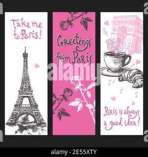 Paris vertical banner set with hand drawn eiffel tower flowers and coffee isolated vector illustration Stock Vector