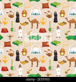 Arabic culture seamless pattern with camel tea pot mosque cartoon vector illustration Stock Vector