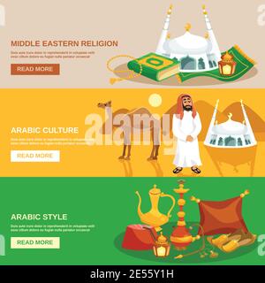 Arabic culture horizontal banner set with eastern religion symbols isolated vector illustration Stock Vector