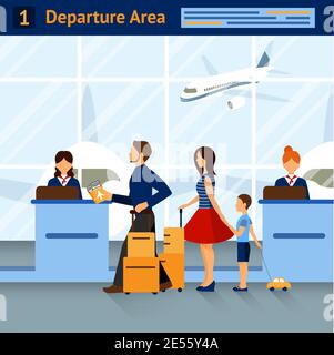 Scene airport departure area with passengers reception and airplanes on background with title on top vector illustration Stock Vector