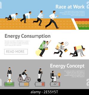 Businessman productivity horizontal banner set with energy consumption level isolated vector illustration Stock Vector