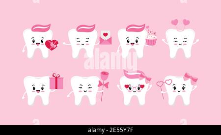 Teeth valentines day dental icon set isolated. Stock Vector
