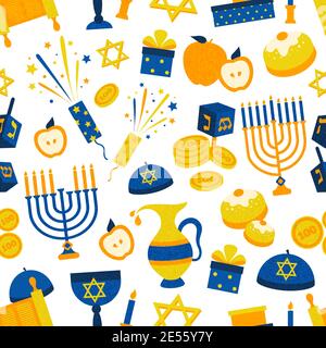 Seamless background pattern with hanukkah tradition and religion symbols in yellow blue and orange color vector illustration Stock Vector
