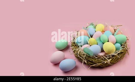 Multi-colored Easter eggs and feathers in pastel colors lie in a nest of branches on a pink background. Festive Easter card. Stock Photo