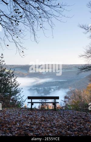 Wooden bench with a view along the Wye valley from Cuckoo Wood near Tintern. Stock Photo
