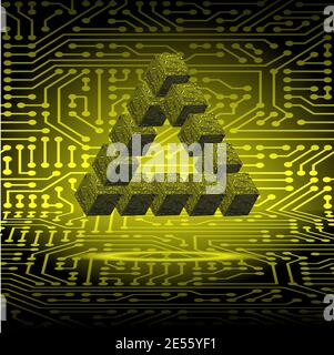 Penrose triangle. Modern futuristic electronic circuit board background. Trending colors of 2021, ultimate gray, illuminating Stock Vector