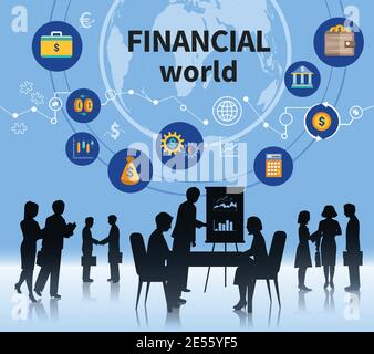 Financial business world successful management concept defining symbols composition banner with profitable teamwork flowchart abstract vector illustra Stock Vector