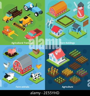 Farm buildings and  agriculture transport machinery facilities 4 isometric square icons composition set abstract isolated  vector illustration Stock Vector