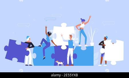People building creative puzzle concept vector illustration. Cartoon man woman group of characters wearing casual clothes, holding puzzle jigsaw pieces to create success idea startup background Stock Vector