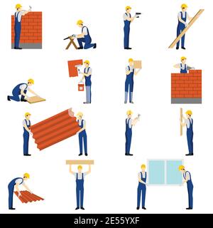 Builders icons set with work people silhouettes isolated vector illustration Stock Vector