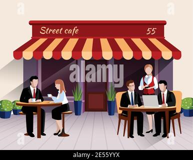 Street cafe outdoor terrace business lunch scene with waitress taking order flat banner print abstract vector illustration. Editable EPS and Render in Stock Vector