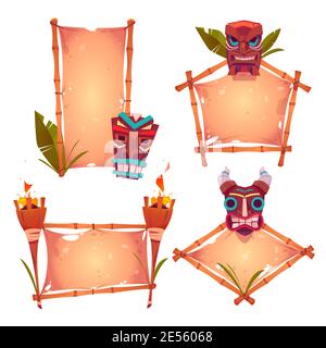 Bamboo frames with tiki masks, old parchment and burning torches, tribal wooden totems, hawaiian or polynesian style borders for hut bar signboard, Cartoon vector illustration, banners or posters set Stock Vector