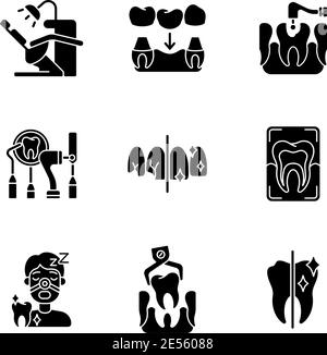 Dental procedures drop black glyph icons set on white space Stock Vector