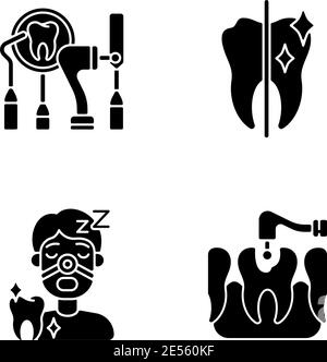 Dentistry method and practice black glyph icons set on white space Stock Vector