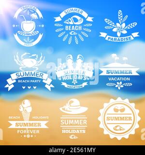 Summer vacation travel agency resorts emblems labels collection typography with ocean beach background abstract isolated vector illustration Stock Vector