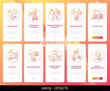 Home beauty procedures onboarding mobile app page screen with concepts set Stock Vector