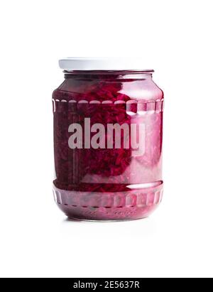 Red sauerkraut. Sour pickled cabbage in jar  isolated on white background. Stock Photo