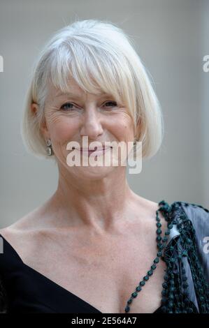 British actress Dame Helen Mirren poses in the courtyard of the Elysee Palace in Paris, France on July 3, 2008, prior to attend a ceremony awarding designer Giorgio Armani, actress Claudia Cardinale and singer Tina Turner with France's most prestigious Legion d'Honneur medal by French President Nicolas Sarkozy. Photo by Orban-Taamallah/ABACAPRESS.COM Stock Photo