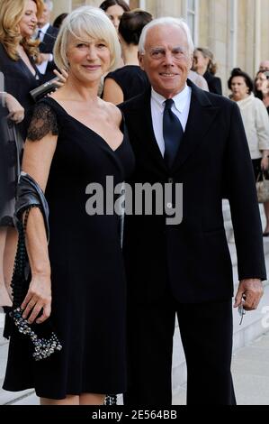 Italian designer Giorgio Armani poses with British actress Dame Helen Mirren in the courtyard of the Elysee Palace in Paris, France on July 3, 2008, prior to be awarded with France's most prestigious Legion d'Honneur medal by French President Nicolas Sarkozy. Photo by Orban-Taamallah/ABACAPRESS.COM Stock Photo