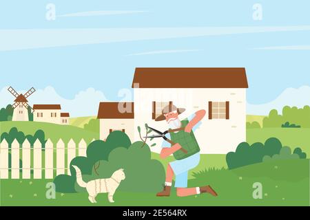 Gardener cutting green bush hedge vector illustration. Cartoon elderly senior man character trimming lawn, working in summer garden or park, holding pruning shears trimmers to trim greenery background Stock Vector
