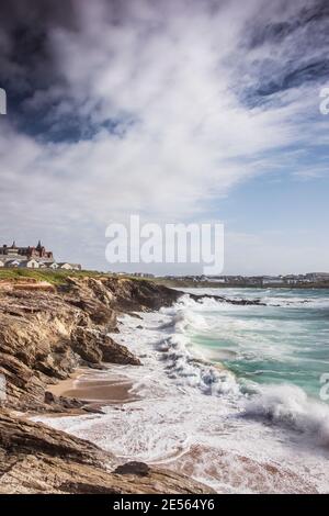 Rough sea and high tide at Little Fistral in Newquay in Cornwall. Stock Photo