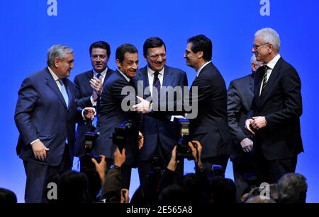 French Former Prime Minister Jean-Pierre Raffarin, Nice Mayor Christian Estrosi, French President Nicolas Sarkozy, Patrick Devedjian, EU Commission President Jose-Manuel Barroso, European Parliament President Hans-Gert Potterin during presidential party UMP's ( Union for a Popular Movement) national council at Mutualite in Paris, France on July 5, 2008. Photo by Christophe Guibbaud/ABACAPRESS.COM Stock Photo