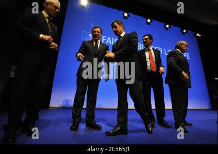 European Parliament President Hans-Gert Poettering, EU Commission President Jose-Manuel Barroso, French President Nicolas Sarkozy, Patrick Devedjian and Former Prime Minister Jean-Pierre Raffarin during presidential party UMP's (Union for a Popular Movement) national council at Mutualite in Paris, France on July 5, 2008. Photo by Elodie Gregoire/ABACAPRESS.COM Stock Photo