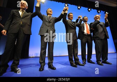 European Parliament President Hans-Gert Poettering, EU Commission President Jose-Manuel Barroso, French President Nicolas Sarkozy, Patrick Devedjian and Former Prime Minister Jean-Pierre Raffarin during presidential party UMP's (Union for a Popular Movement) national council at Mutualite in Paris, France on July 5, 2008. Photo by Elodie Gregoire/ABACAPRESS.COM Stock Photo