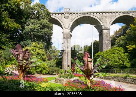 The impressive Grade II listed Trenance Railway Viaduct overlooking the sub tropical Trenance Gardens in Newquay in Cornwall. Stock Photo