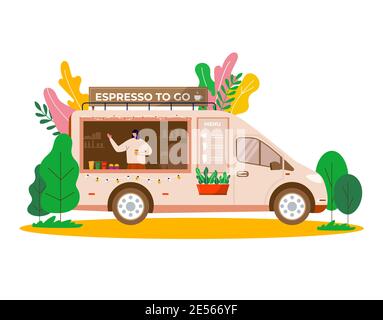Street Food Festival, people buying takeaway coffee in truck, vehicle. Mobile coffee shop, cafe on wheels with barista in city park, vector concept ba Stock Vector