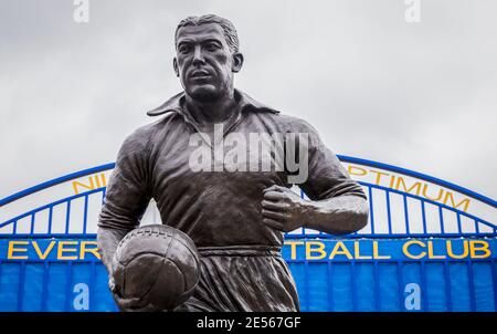 Dixie Dean statue in front of the Wall of Fame outside the home of Everton FC.