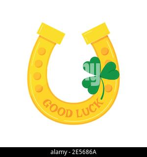 Gold horseshoe with clover icon isolated on white background. Stock Vector