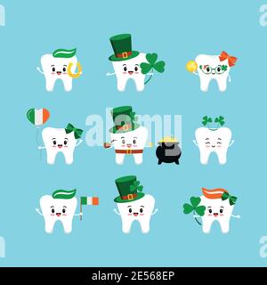 St Patrick day tooth icon set isolated. Stock Vector