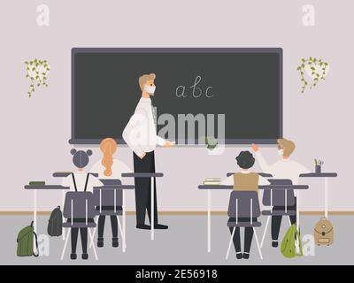 Male teacher of Philology in protective medical mask explaining english letters to elementary school pupils or children near chalkboard.Man teaching Stock Vector