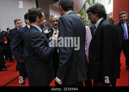 French President Nicolas Sarkozy, Lebanese President Michel Suleiman, German Chancellor Angela Merkel and Spanish Prime Minister Jose Luis Rodriguez Zapatero during Paris' Union for the Mediterranean founding summit at the Grand Palais in Paris, France on July 13, 2008. French President Nicolas Sarkozy and 42 leaders launch today a union between Europe and its Mediterranean neighbours but tensions among Middle East countries could undermine the grand plan. Photo by Elodie Gregoire/ABACAPRESS.COM Stock Photo